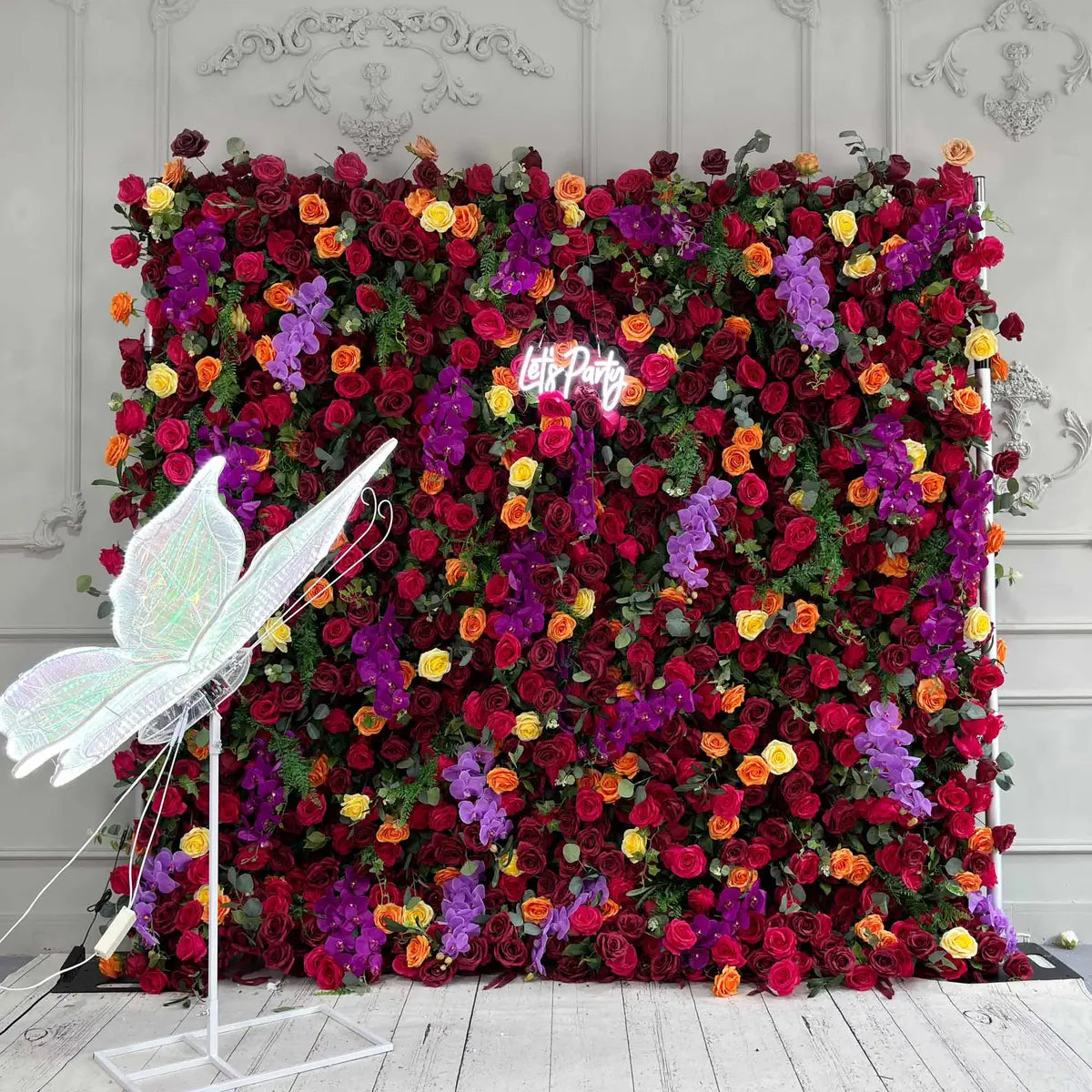 RTS Flower Wall 7D Purple & Orange Fabric Rolling Up Curtain Floral Backdrop Wedding Party Proposal Decor