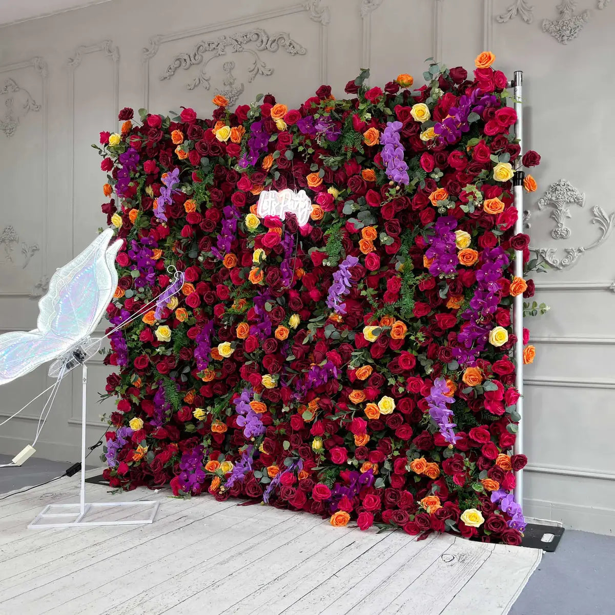 RTS Flower Wall 7D Purple & Orange Fabric Rolling Up Curtain Floral Backdrop Wedding Party Proposal Decor