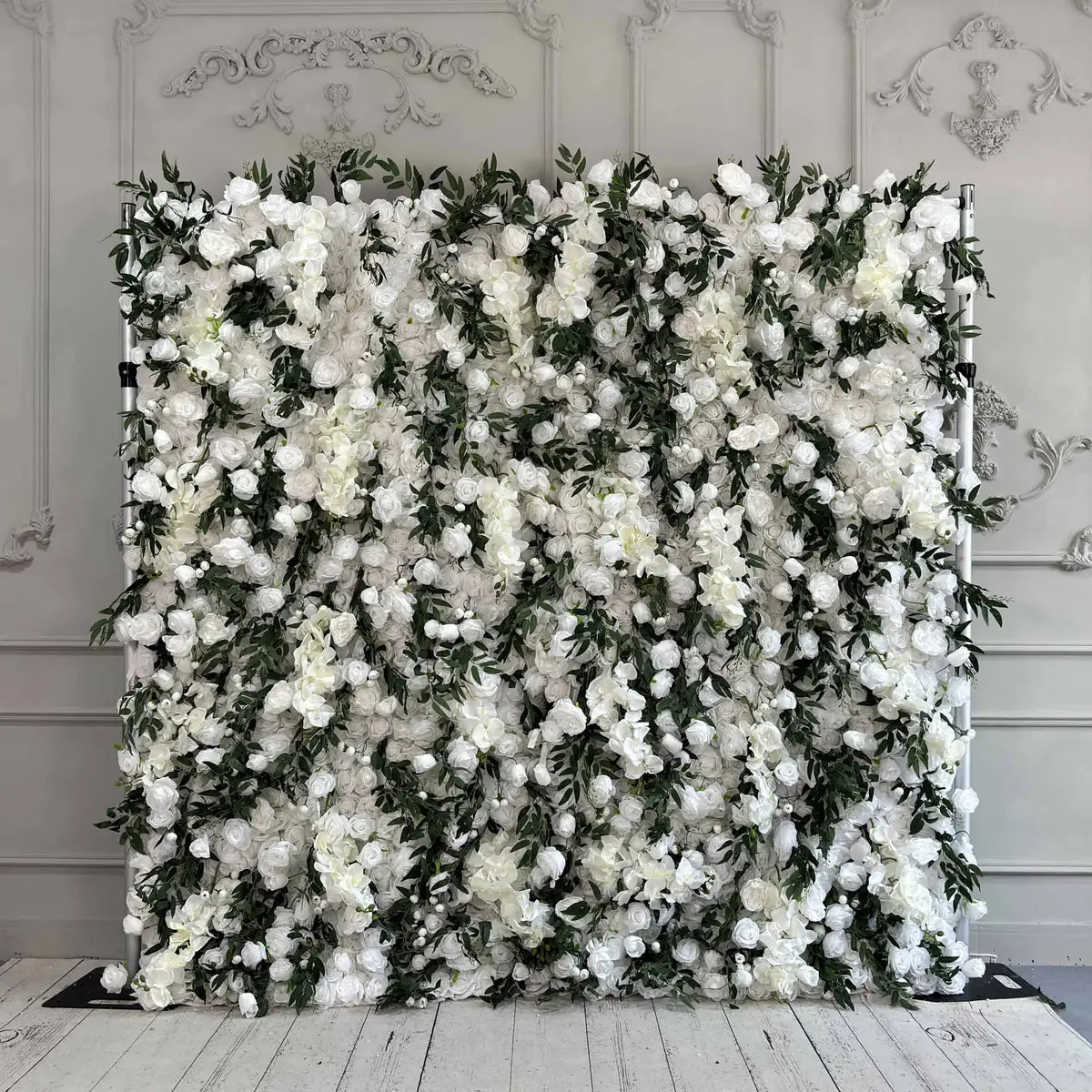 BOGO 8ftx8ft Flower Wall 3D Green & White Rose Fabric Rolling Up Curtain Floral Backdrop Wedding Party Proposal Decor