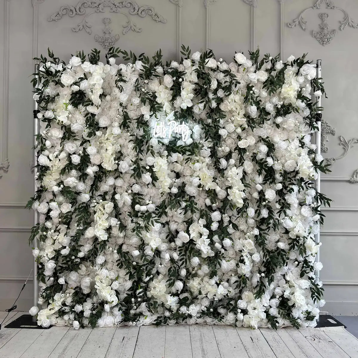 Flower Wall 3D Green & White Rose Fabric Rolling Up Curtain Floral Backdrop Wedding Party Proposal Decor