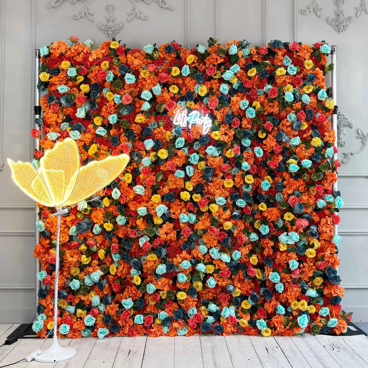 Flower Wall 3D Orange & Blue Rolling Up Curtain Floral Backdrop Wedding Party Proposal Decor