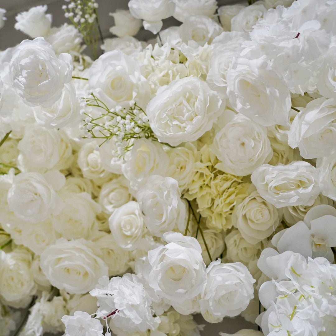 The white roses flower wall looks vivid and realistic.