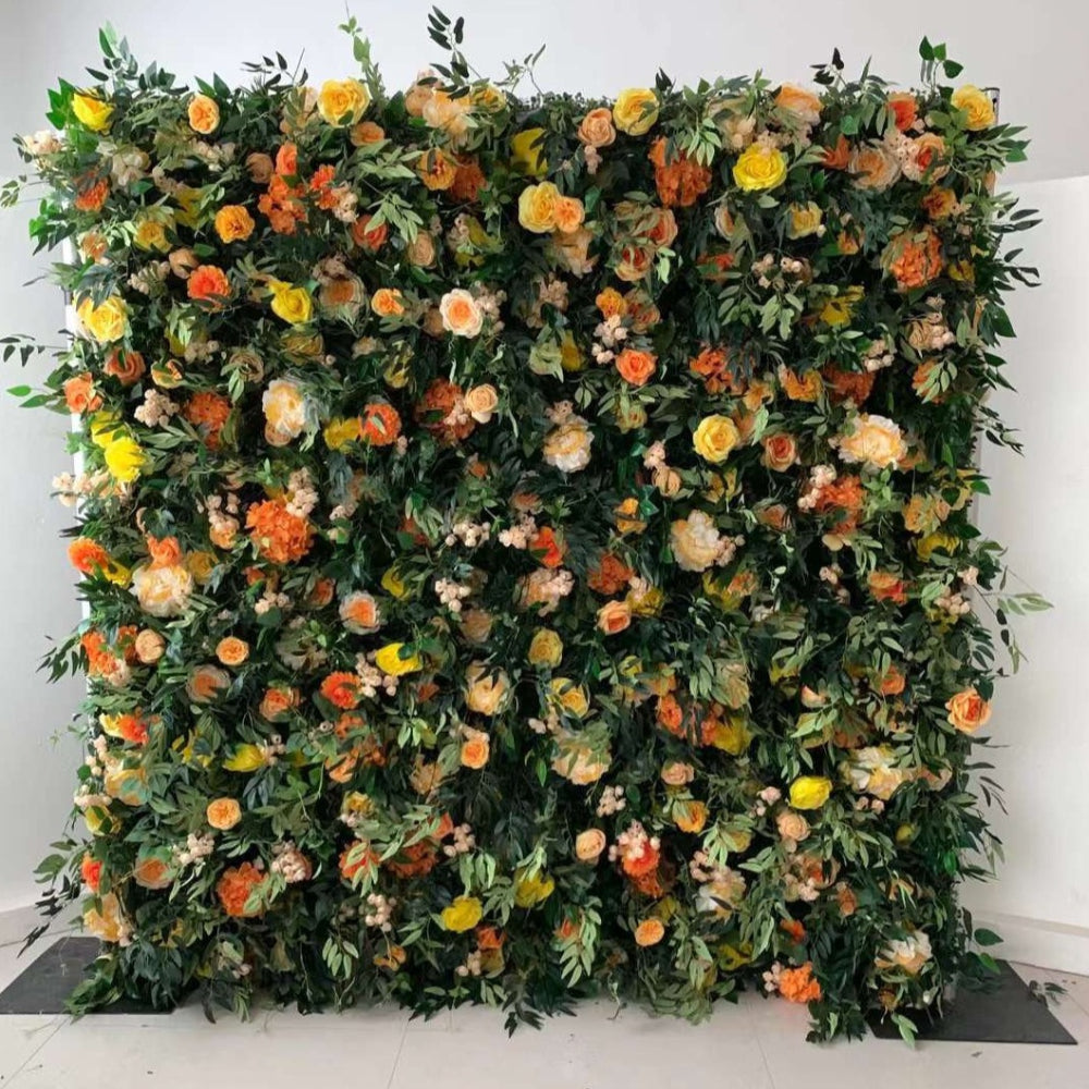 Lightning Deals:8x8ft Flower Wall Green Orange Rolling Up Curtain Fabric Artificial Flower Wall Backdrop Proposal Wedding Party Decor - KetieStory