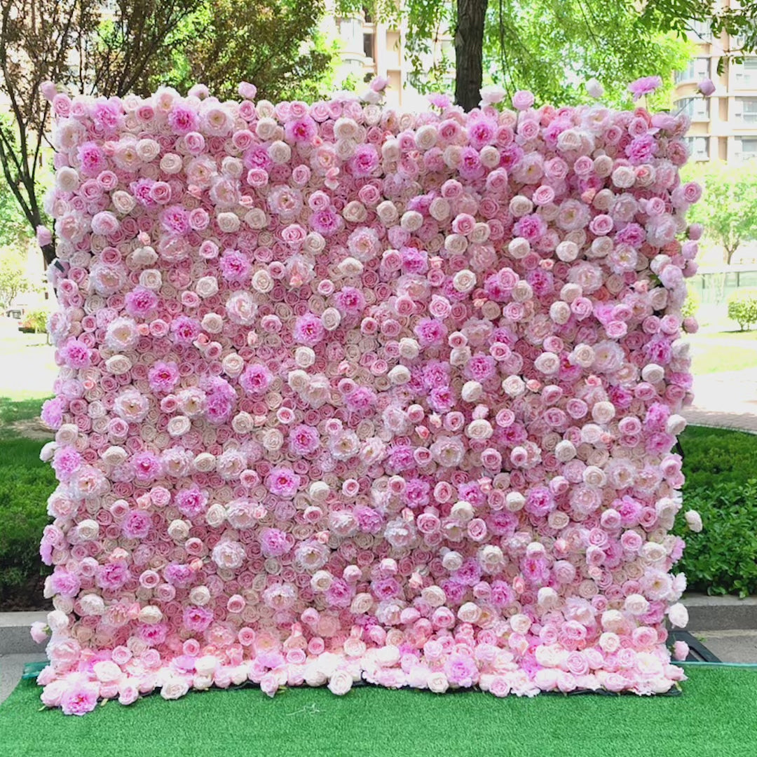 The pink champagne peony fabric flower wall looks cute and romantic.