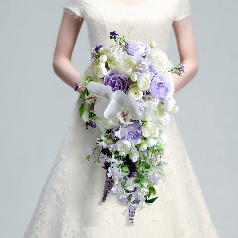 Cascade Bridal Bouquet in Purple White for Wedding Party Proposal - KetieStory