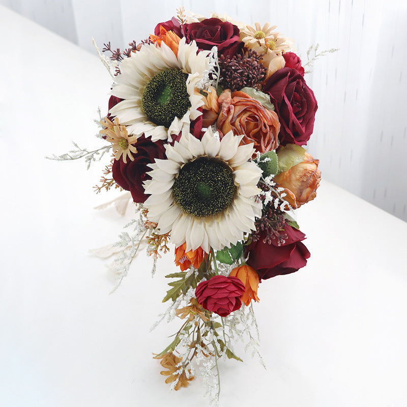 Cascade Bridal Bouquet in Sunflower Red Orange Roses for Wedding Party Proposal - KetieStory