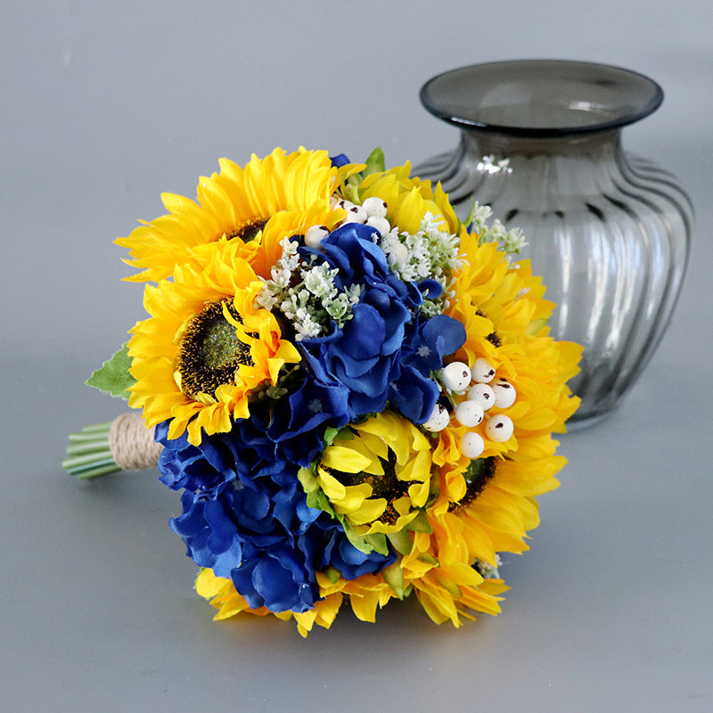 Bridal Bouquet in Sunflower Blue Hydrangea for Wedding Party Proposal - KetieStory