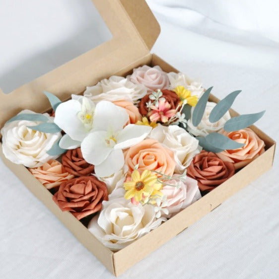 Champagne Orange Rose Phalaenopsis Flower Box Silk Flower for Wedding Party Decor Proposal - KetieStory