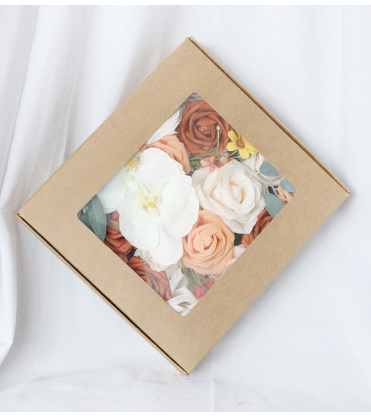 Champagne Orange Rose Phalaenopsis Flower Box Silk Flower for Wedding Party Decor Proposal - KetieStory