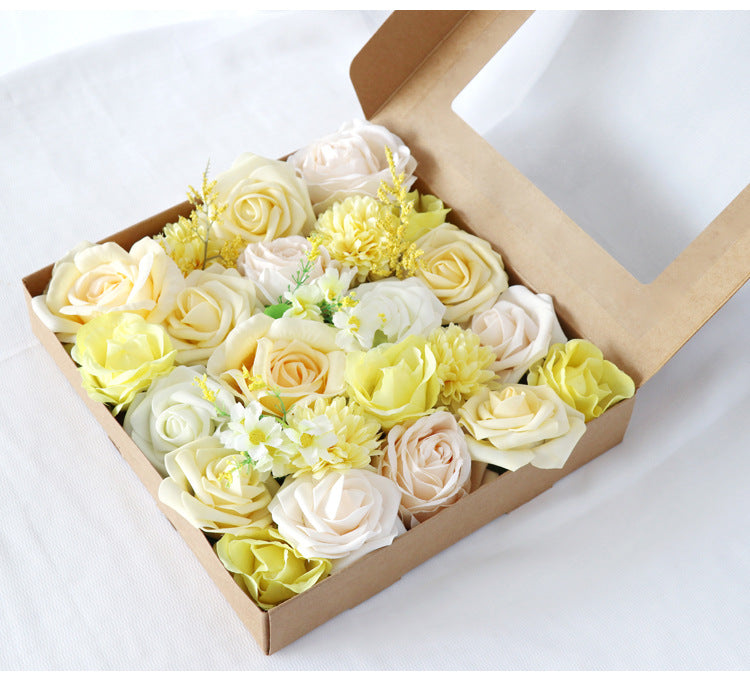 Light Yellow Roses Flower Box Silk Flower for Wedding Party Decor Proposal - KetieStory