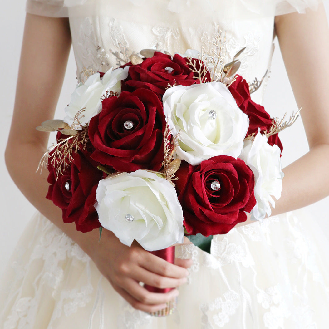 Free  Form Bridal Bouquet in Mixed White-Claret Red Roses - KetieStory
