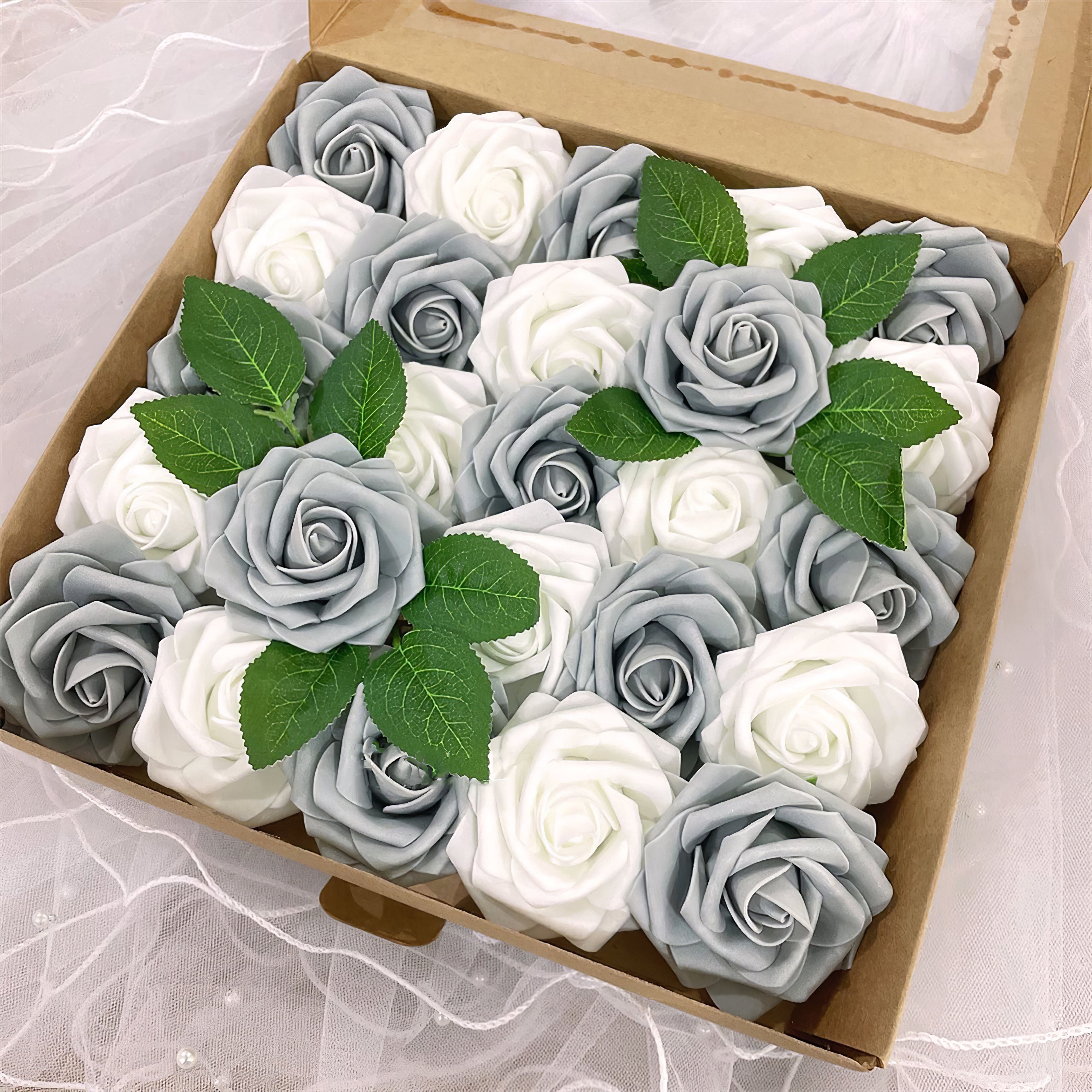 Flower Box Silk Blooming Flowers White & Grey - KetieStory