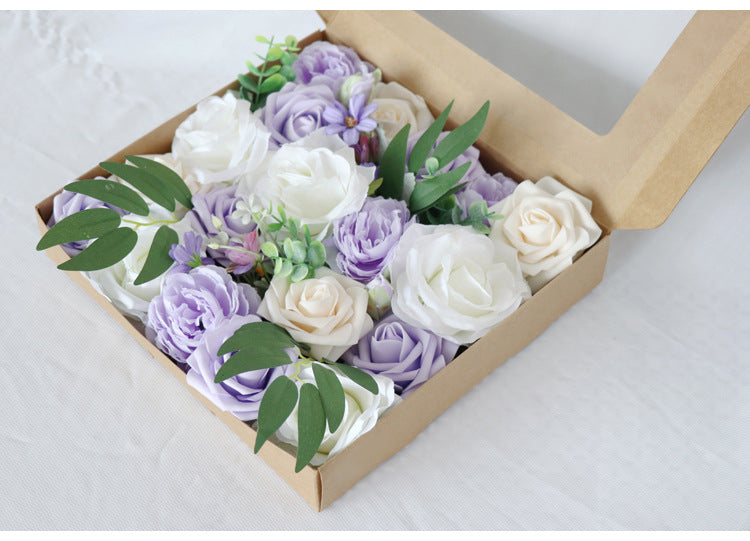 White Purple Roses Flower Box Silk Flower for Wedding Party Decor Proposal - KetieStory